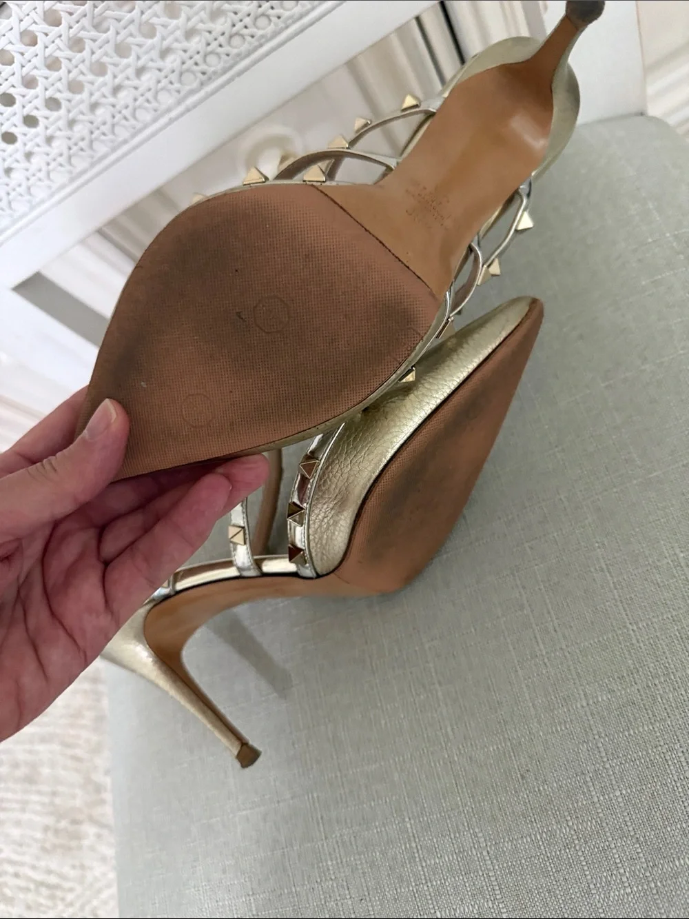 Valentino Metallic Gold Studded Pointed-Toe Slingback Heels